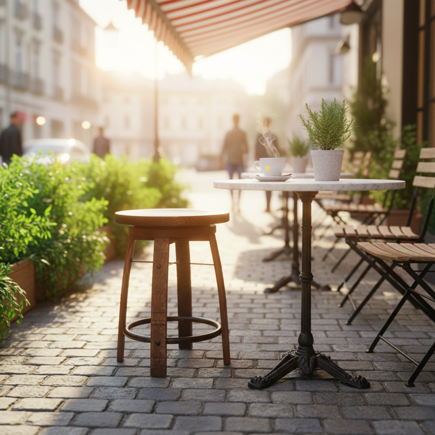 Sunny outdoor café with empty tables, chairs, a potted plant, and a Bar Stool Round Wooden Seat next to a coffee cup on the cobblestone street.