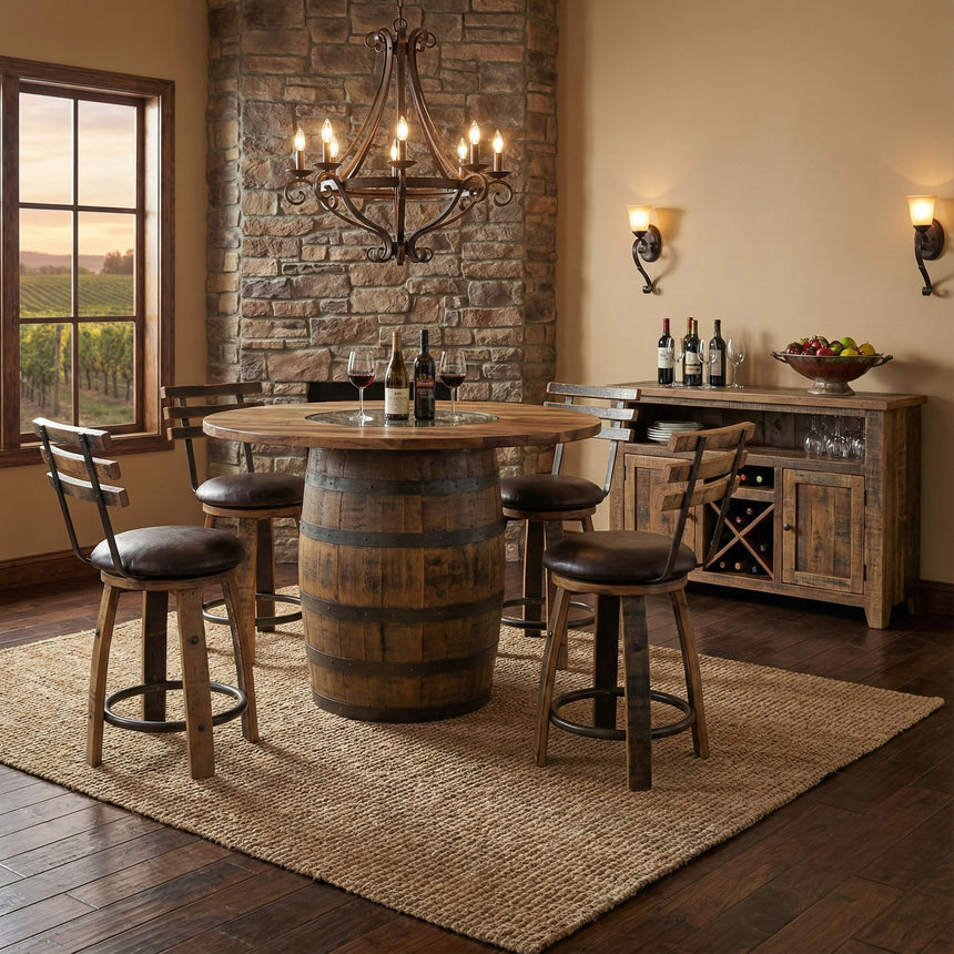 Rustic dining area featuring the Barrel Table with Chairs, a stone wall, chandelier, and woven rug.