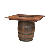The Plain Barrel Table features a square wooden top and barrel base, ideal as a handcrafted bar table or unique bourbon barrel furniture piece, shown isolated on a white background.