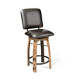 The "Bar Stool Cushioned Seat With Back Cushion" features brown leather upholstery, wooden legs, a metal footrest, and a cushioned seat with backrest, as shown on a white background.