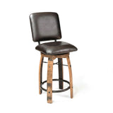 The "Bar Stool Cushioned Seat With Back Cushion" features brown leather upholstery, wooden legs, a metal footrest, and a cushioned seat with backrest, as shown on a white background.
