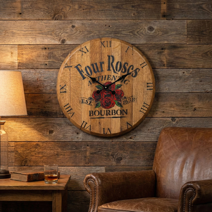 A Four Roses Bourbon Inspired Wooden Wall Clock, hand made with solid wood construction, hangs on a wood-paneled wall above a leather chair.