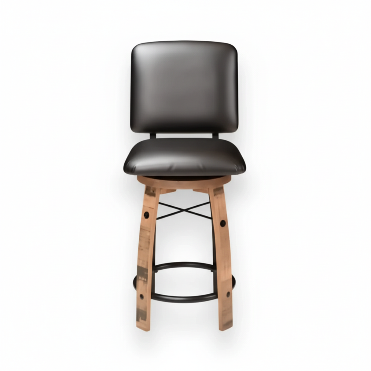 The Bar Stool Cushioned Seat With Back Cushion is crafted from a whiskey barrel, featuring a black cushioned seat and backrest, shown from the front against a white background.