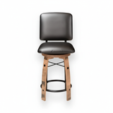 The Bar Stool Cushioned Seat With Back Cushion is crafted from a whiskey barrel, featuring a black cushioned seat and backrest, shown from the front against a white background.