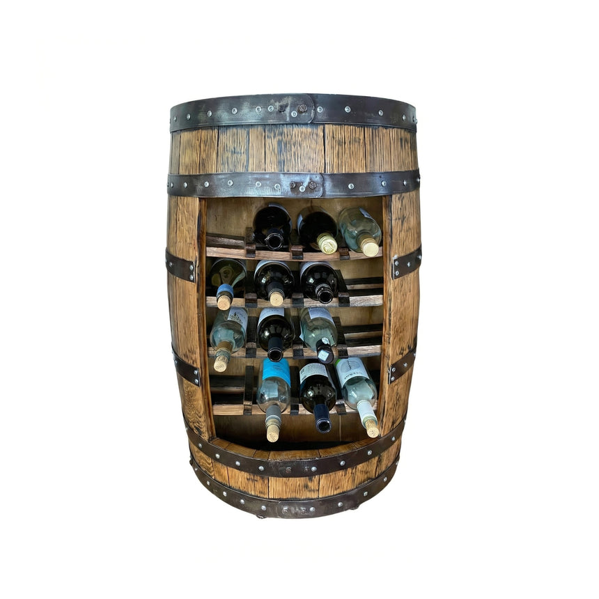 Wine Rack Barrel Bar Storage Cabinet, 25 Bottle Capacity, Hand Made Solid Wood Barrel Construction