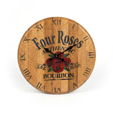 Four Roses Bourbon Inspired Wooden Wall Clock, hand made from solid wood, features the iconic logo with red roses and Roman numerals—a timeless decor piece perfect for whiskey lovers.