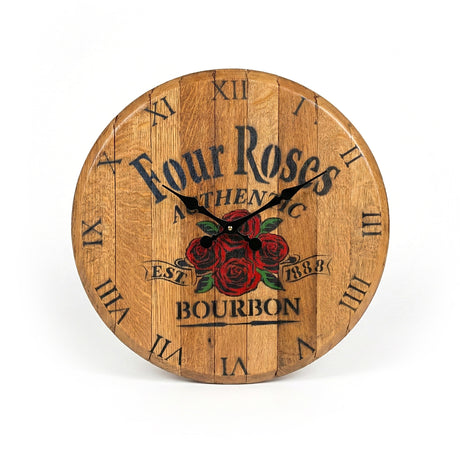Four Roses Bourbon Inspired Wooden Wall Clock, hand made from solid wood, features the iconic logo with red roses and Roman numerals—a timeless decor piece perfect for whiskey lovers.