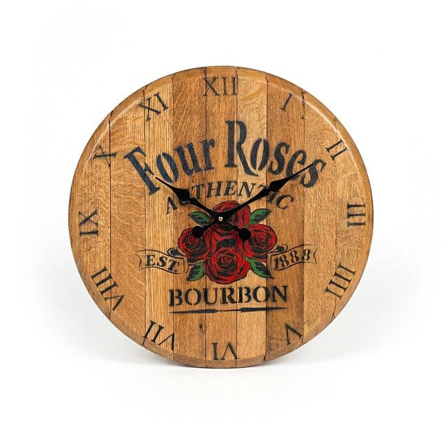 Four Roses Bourbon Inspired Wooden Wall Clock, hand made from solid wood, features the iconic logo with red roses and Roman numerals—a timeless decor piece perfect for whiskey lovers.