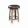 Bar Stool Cushioned Seat Without Back B-Black features a round wooden design, cushioned dark brown leather seat, metal footrest, and whiskey barrel-inspired details on a white background.