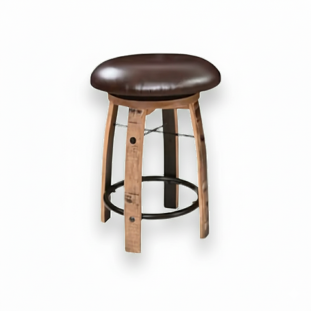 Bar Stool Cushioned Seat Without Back B-Black features a round wooden design, cushioned dark brown leather seat, metal footrest, and whiskey barrel-inspired details on a white background.