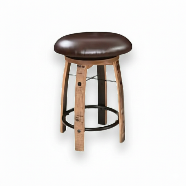 Bar Stool Cushioned Seat Without Back B-Black features a round wooden design, cushioned dark brown leather seat, metal footrest, and whiskey barrel-inspired details on a white background.