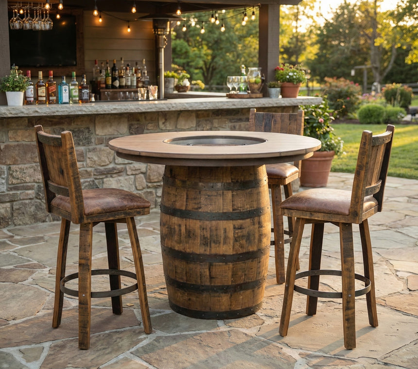Rustic patio featuring the Outdoor Barrel Table With Poly Top, two wooden chairs, and a stone bar set in a garden at sunset.