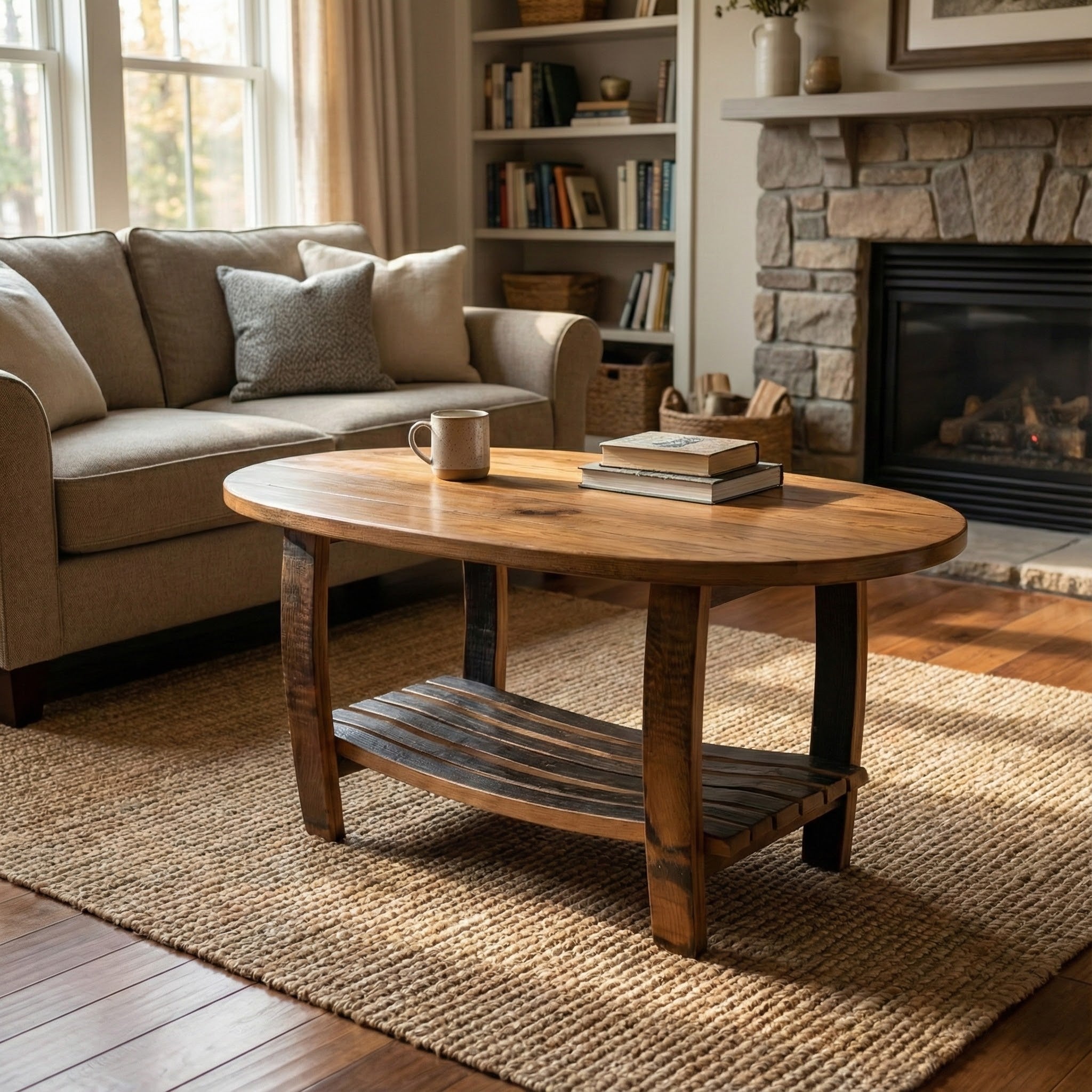 Whiskey Barrel Stave Oval Coffee Table With Stave Shelf – Wood and
