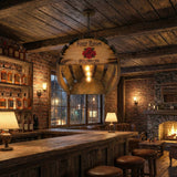 Cozy rustic bar with wooden beams, a fireplace, bourbon bottles, and a Four Roses Bourbon sign overhead, highlighted by a handmade solid wood barrel stave billiards pool table light with 4 bulbs for the perfect game room mood.
