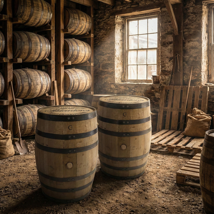 A rustic cellar with sunlight streaming through a window, illuminating a Clean Full Barrel With Logo Head stacked among other wooden barrels along the stone walls.