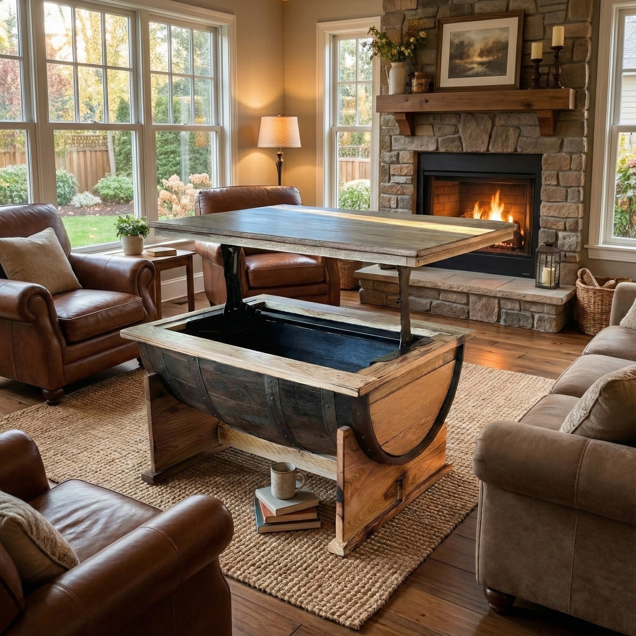 Whiskey Half Barrel Coffee Table With Lift Top – Wood and Barrel