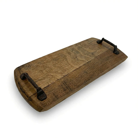 The Charcuterie and Cheese Rectangle Wooden Serving Board, full size and hand made from solid wood, features two black metal handles—ideal for serving cheese or charcuterie—shown on a white background.
