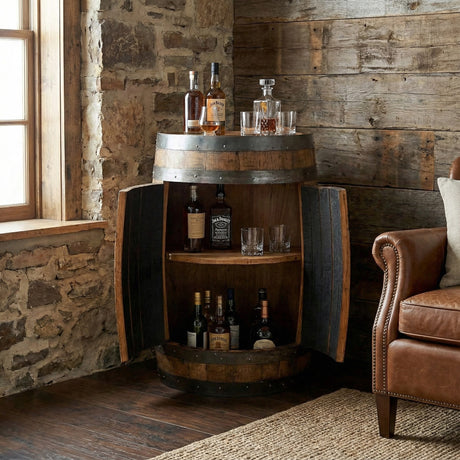 The Hand Made Solid Wood Half Barrel Cabinet with Door and Shelves serves as a mini bar, holding liquor bottles and glasses beside a leather couch and stone wall for a rustic home decor accent.
