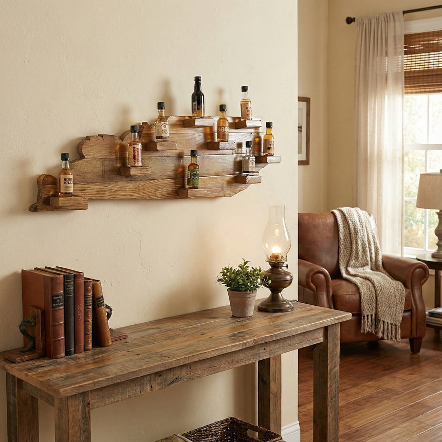 The Kentucky Wood Map Shelf holds liquor bottles on the wall above a rustic table with books, a lamp, plant, and a cozy armchair in the living room.