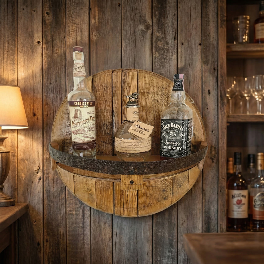 Whiskey Bottle Shelf Stores Up to 3 Bottles, Hand Made Solid Wood Barrel Construction