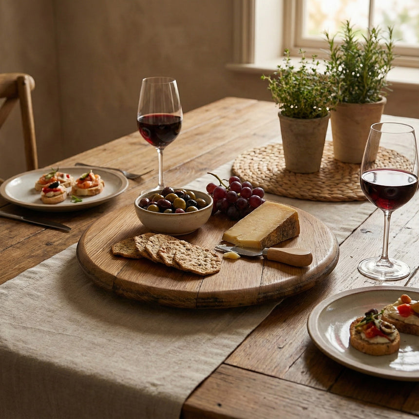 A Lazy Susan Round Swivel Wooden Tray, hand made from solid wood barrel head, holds wine, cheese, crackers, olives, grapes, and bruschetta on a rustic table set near a sunny window.