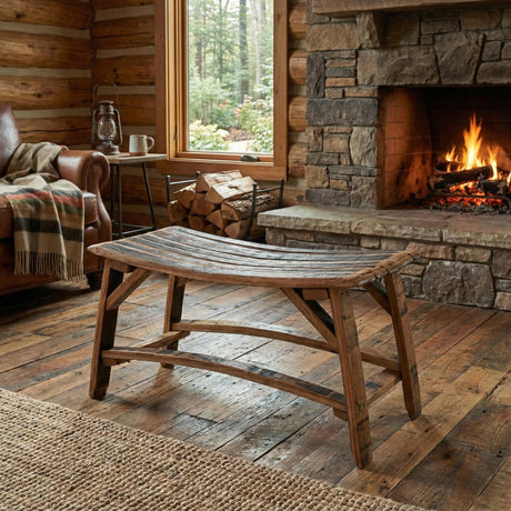 A rustic log cabin room features a stone fireplace, wooden furniture, and a cozy fire. A Barrel Stave Bench adds unique charm, blending bourbon barrel craftsmanship into the warm, inviting space.