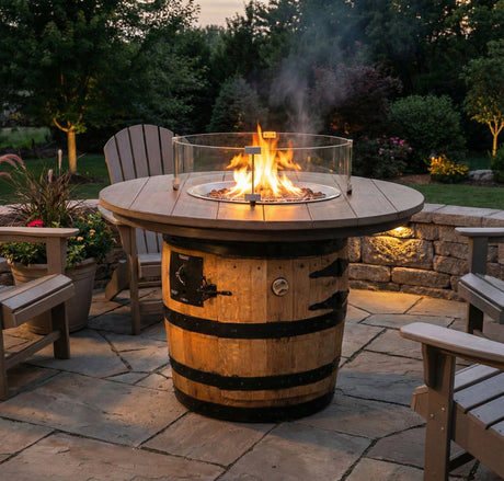 An Outdoor Firepit with Poly Top is set on a stone patio, surrounded by Adirondack chairs, creating an inviting gathering space.