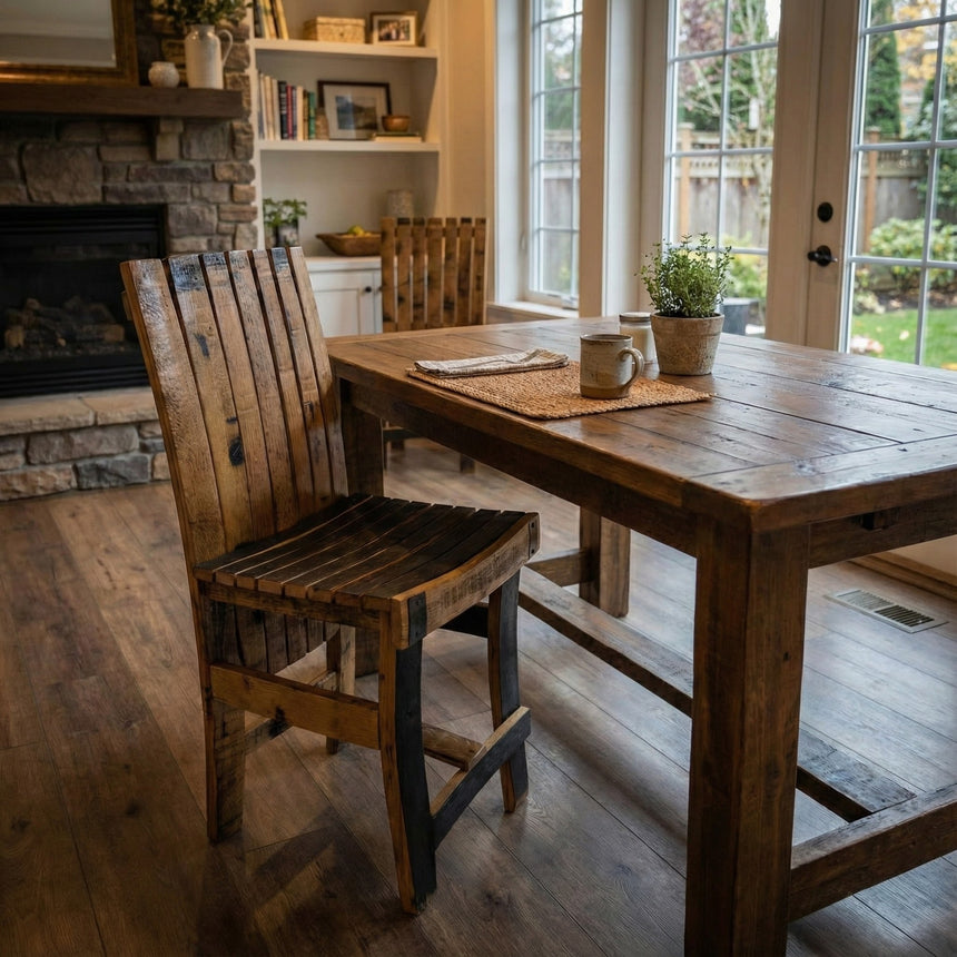 Handmade solid wood dining chair with barrel stave construction, set in a cozy sunlit room overlooking a green backyard for unique rustic character.