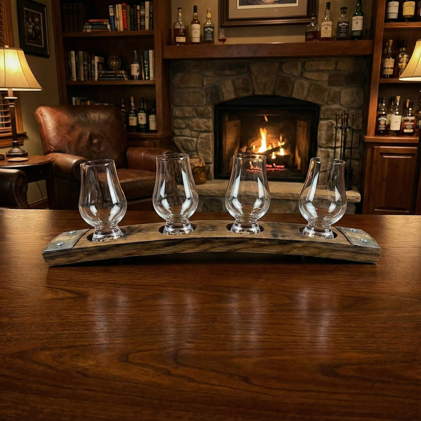 Whiskey Tasting Flight Board for 4 Glasses, Hand Made Solid Wood Construction