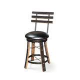 Reverse Leg Stool with a black padded seat, slatted backrest, metal accents, and a circular footrest for an authentic look.