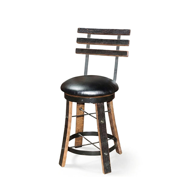 Reverse Leg Stool with a black padded seat, slatted backrest, metal accents, and a circular footrest for an authentic look.