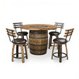 The Barrel Table with Chairs is a rustic, handcrafted set featuring a barrel-shaped wooden table and four matching bar stools with black seats—perfect for adding charm to any space.