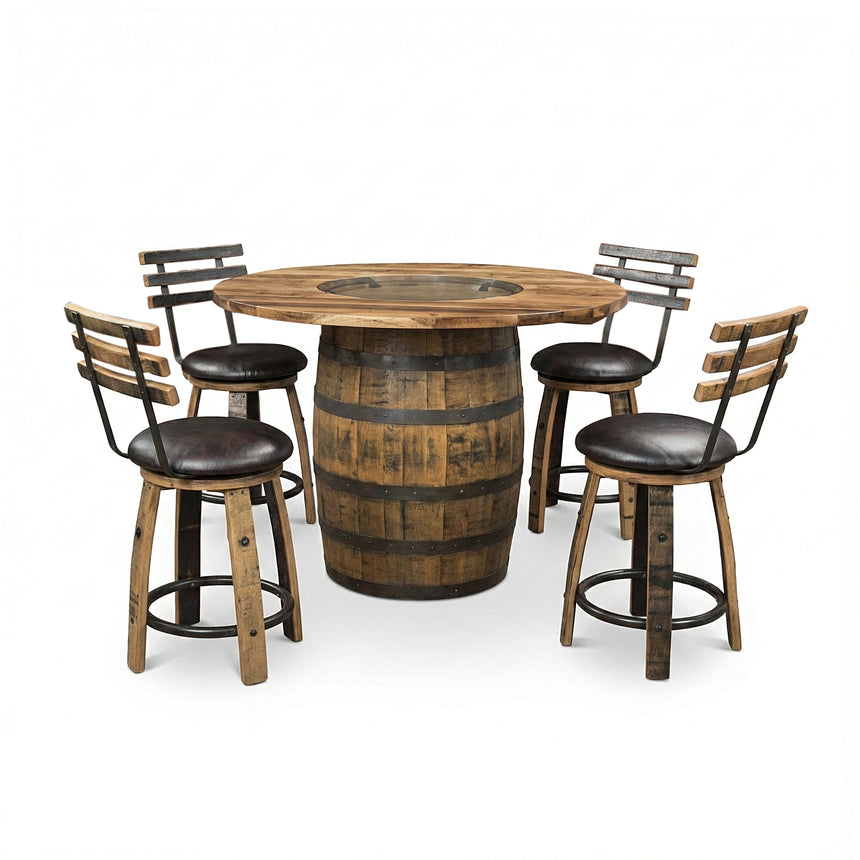 The Barrel Table with Chairs is a rustic, handcrafted set featuring a barrel-shaped wooden table and four matching bar stools with black seats—perfect for adding charm to any space.