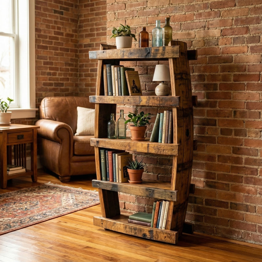 The Small Spice Rack is a unique bookshelf for books, plants, and decor—perfect for cozy rooms with brick walls and wooden floors.