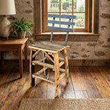 Handmade Solid Wood Barrel Stave Barstool Chair with backrest by a window, beside a table with a lamp and potted plant.