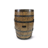The Full Barrel Cabinet with Shelves and Glassware Holders is a hand-made wood barrel bar, crafted from reclaimed whiskey barrels, standing upright on a white background.