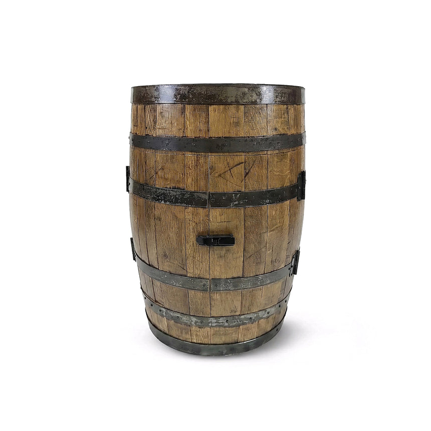 The Full Barrel Cabinet with Shelves and Glassware Holders is a hand-made wood barrel bar, crafted from reclaimed whiskey barrels, standing upright on a white background.