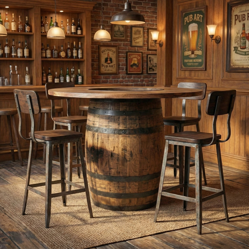 A rustic pub featuring a Plain Barrel Table, four wooden chairs, and shelves of bottles on wooden walls.