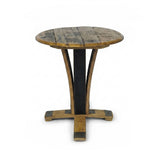 The End Table features a round wooden top with a weathered finish, sturdy metal supports, and a cross-shaped base—an eye-catching rustic piece of handcrafted furniture displayed on a white background.