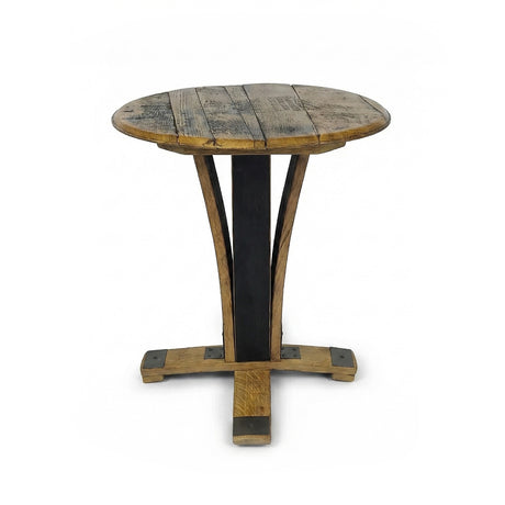 The End Table features a round wooden top with a weathered finish, sturdy metal supports, and a cross-shaped base—an eye-catching rustic piece of handcrafted furniture displayed on a white background.