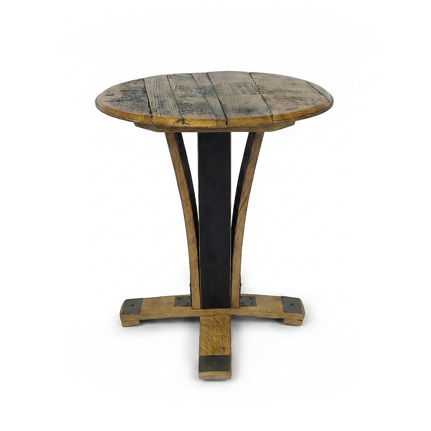 The End Table features a round wooden top with a weathered finish, sturdy metal supports, and a cross-shaped base—an eye-catching rustic piece of handcrafted furniture displayed on a white background.