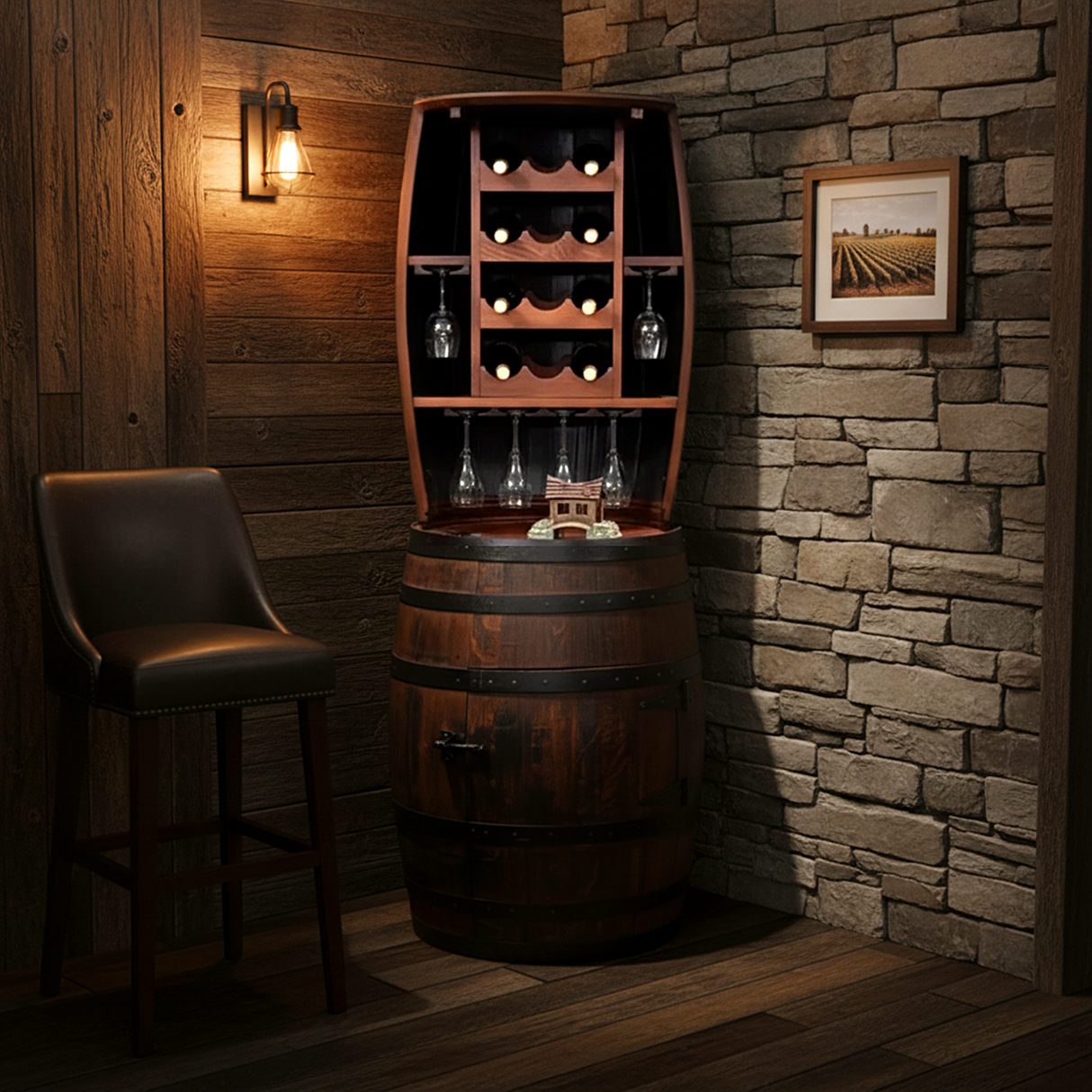 The 12 Bottles Barrel Hutch, a barrel-shaped wine cabinet, holds glasses and bottles beside a chair and stone wall with a vineyard photo.