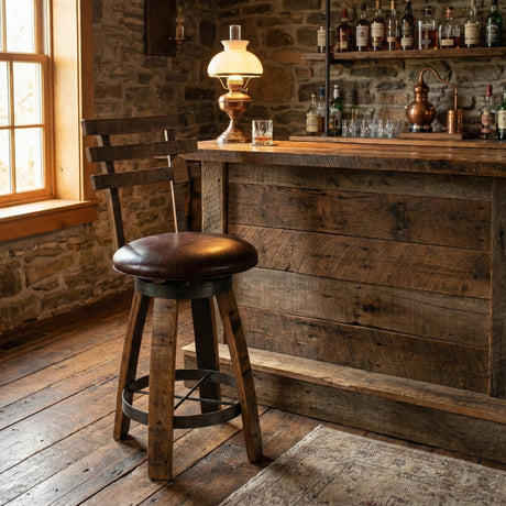 A rustic bar featuring a Cushioned Barstool With Backrest, hand made from solid wood barrel staves, with shelves of bottles and vintage lamps against a stone wall and American oak barrels for accent.