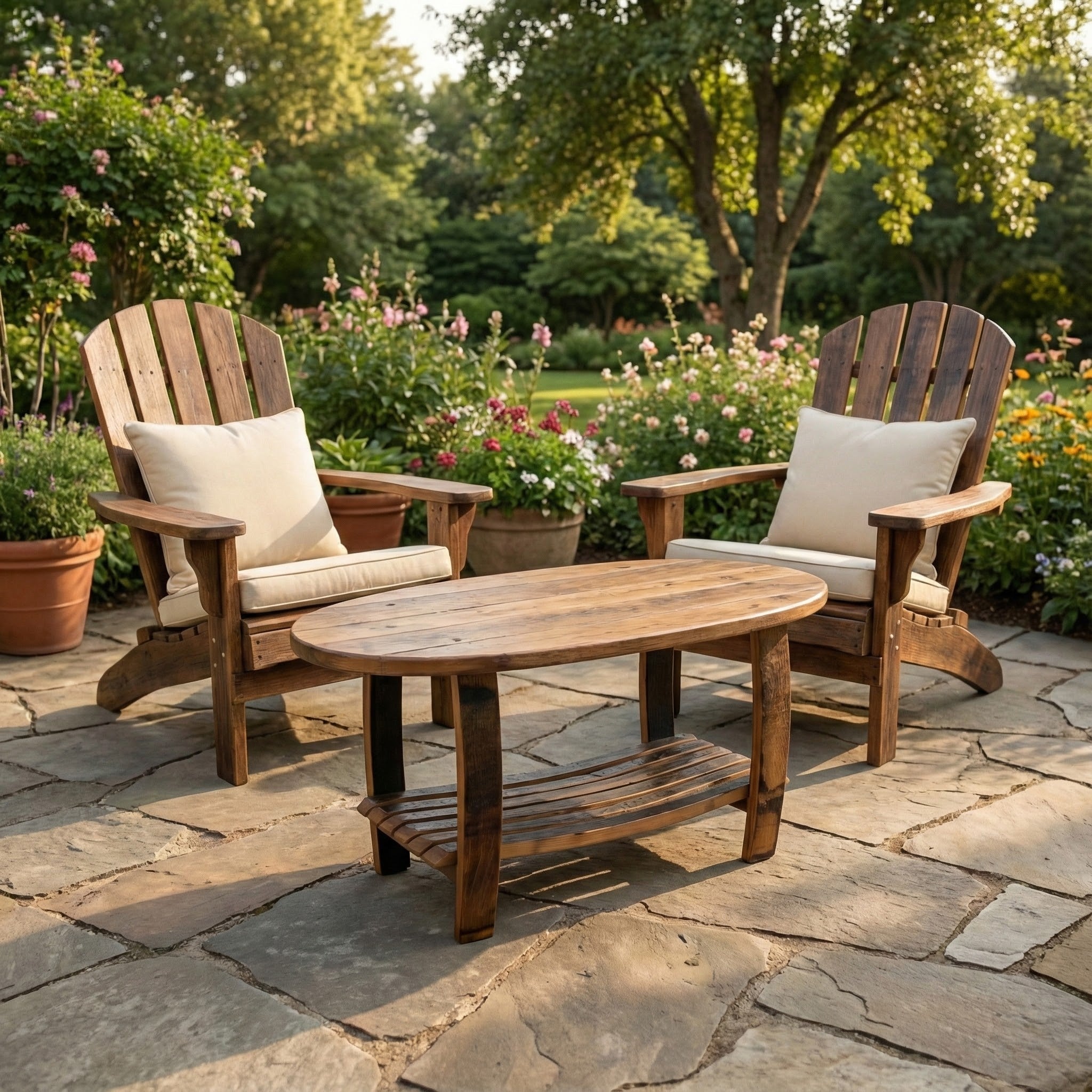 Whiskey Barrel Stave Oval Coffee Table With Stave Shelf – Wood and