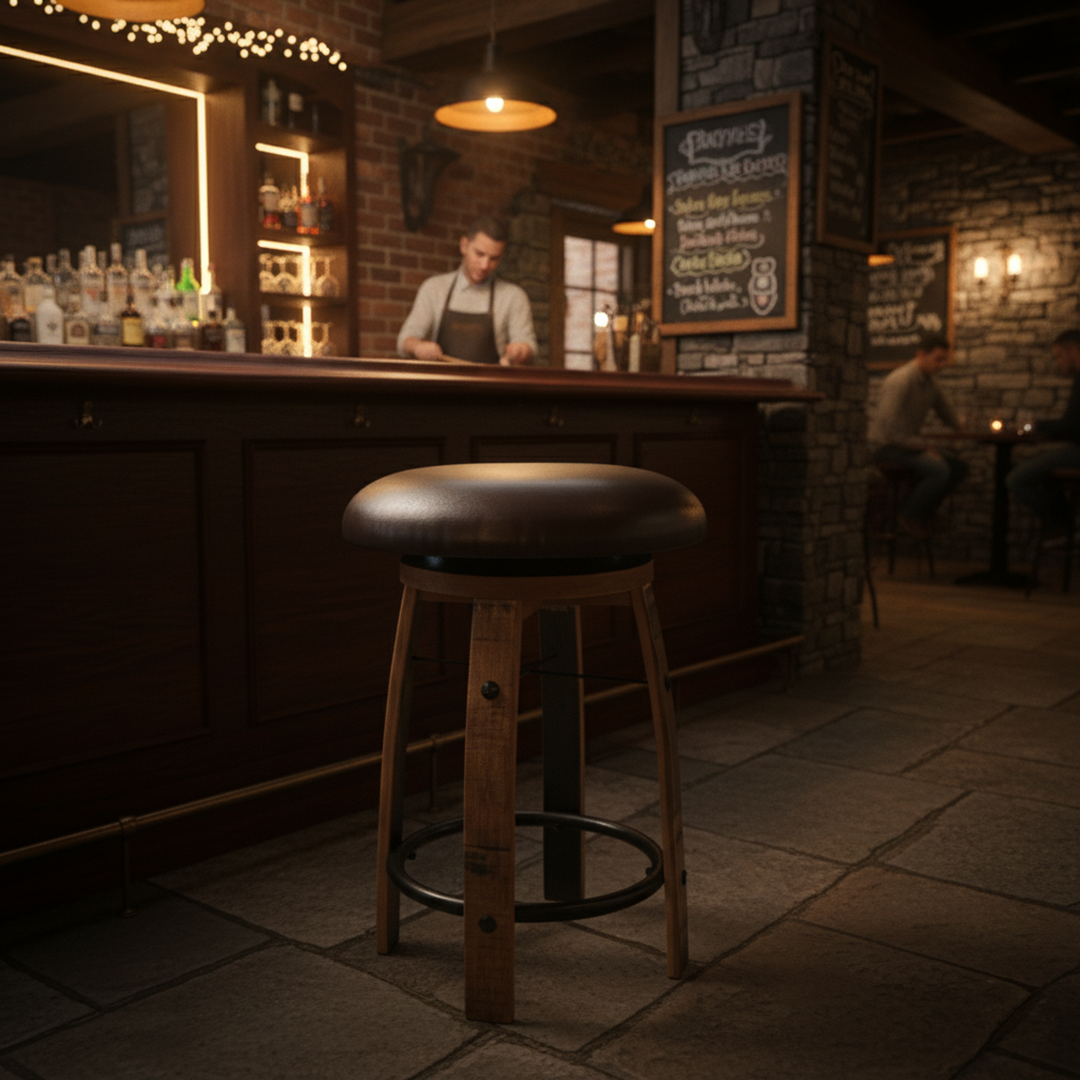 A Bar Stool Cushioned Seat Without Back B-Black stands at a cozy bar, where a bartender serves drinks amid warm lighting and a rustic whiskey barrel in the background.