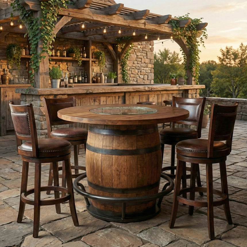 Whiskey Barrel Pub Table, 48 Inch Burnt Hickory Tabletop with Glass Inset, Hand Made Solid Wood Barrel Construction