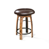 Bar Stool Cushioned Seat Without Back B-Black features a round, brown cushioned seat and metal footrest, inspired by whiskey barrels, shown on a white background.