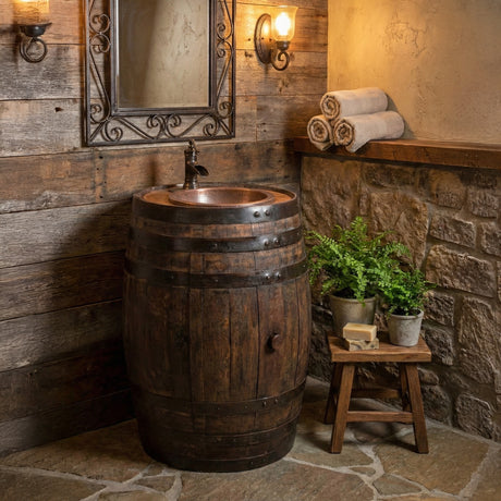 Rustic bathroom featuring the Barrel Vanity sink, stone and wood walls, potted plants, towels, and a wall mirror.