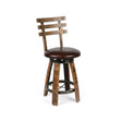 Cushioned Barstool With Backrest, hand made from solid wood barrel staves, features a slatted backrest and a round brown cushion seat, shown on a white background.