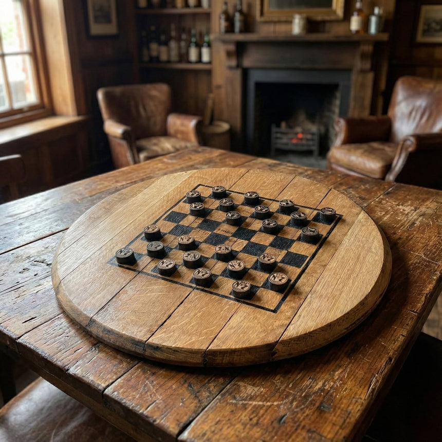 A cozy scene featuring the Chess and Checkers Board With Solid Wood Barrel Head Base and hand made pieces, set up in a warmly lit room with leather chairs and a fireplace—an ideal board game gift.